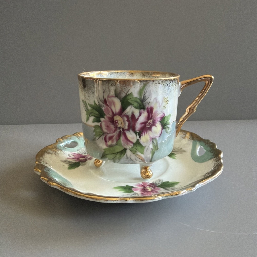 VTG Mid Century Tea Cup Saucer Sterling China Iridescent Floral Gold Tri Footed